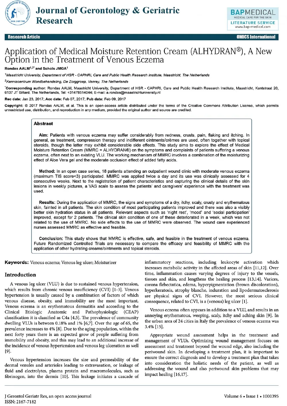 J Gerontol Geriatr Research 2017 A new option in the treatment of Venous Eczema Lr